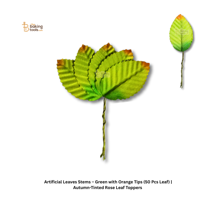 Artificial Leaves Stems – Green with Orange Tips (50 Pcs Leaf) | Autumn-Tinted Rose Leaf Toppers